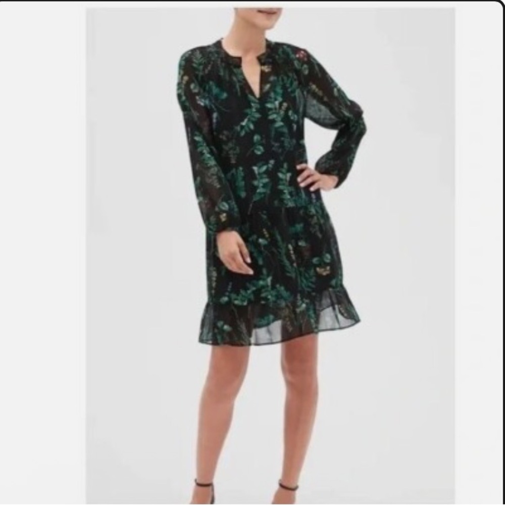 Banana Republic Swing Floral Metallic Swing Dress Ruffle Blouson Garden